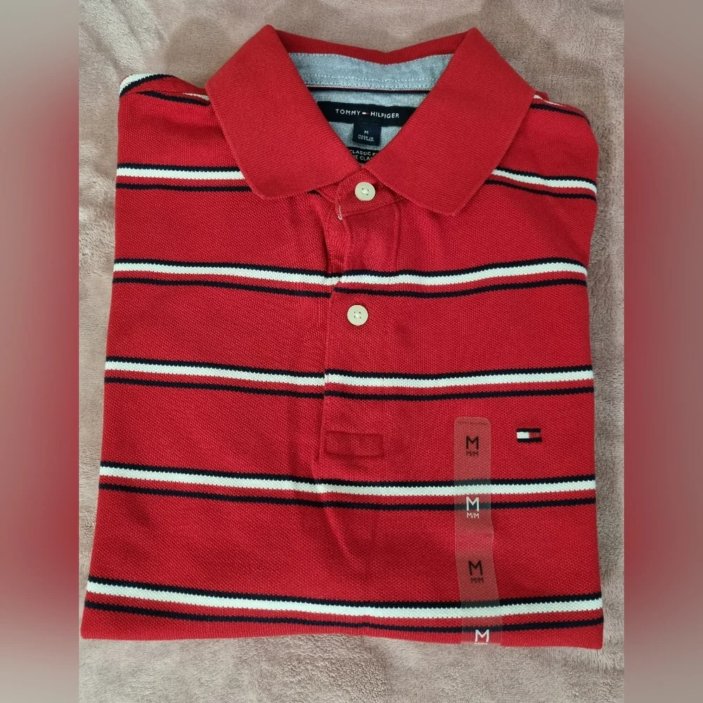 Tommy Hilfiger Men's, short sleeve polo shirt red, white and black stripe Size M - Picture 4 of 8
